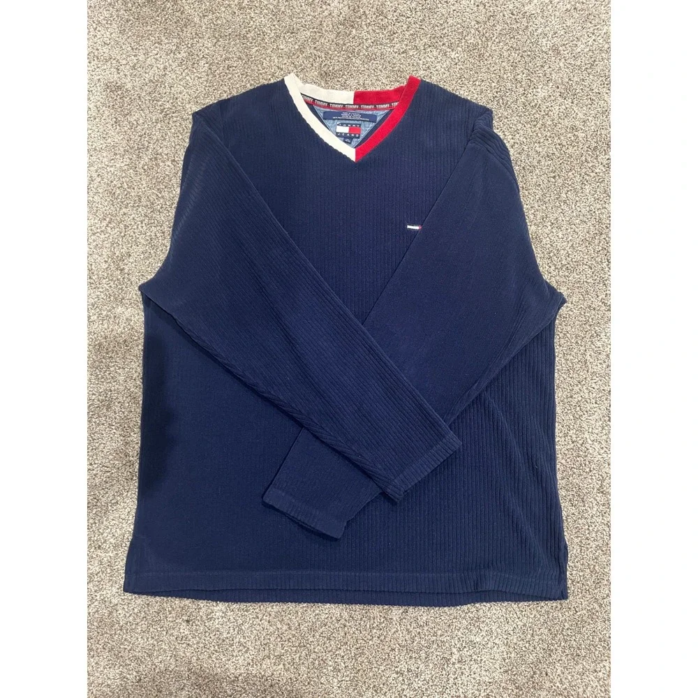 Vintage Tommy Jeans Ribbed V-Neck Sweater Navy Blue Red White Mens XL